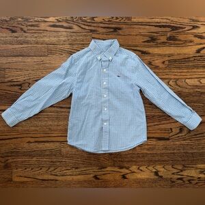 Vineyard Vines Boys Blue Gingham Whale Button Down Shirt, Size 6